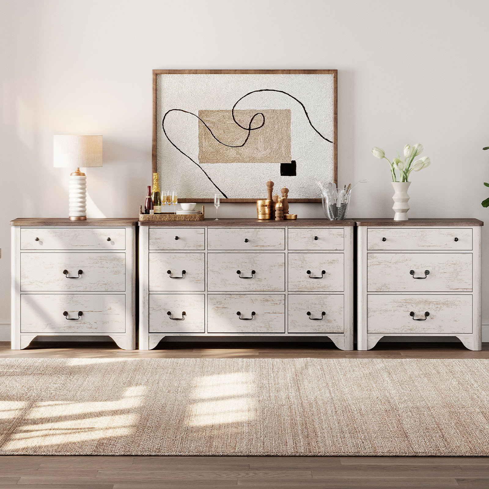 Lark Manor 116.5" W 3PCS Farmhouse Dresser Set,9 Drawer Dresser And 3 ...